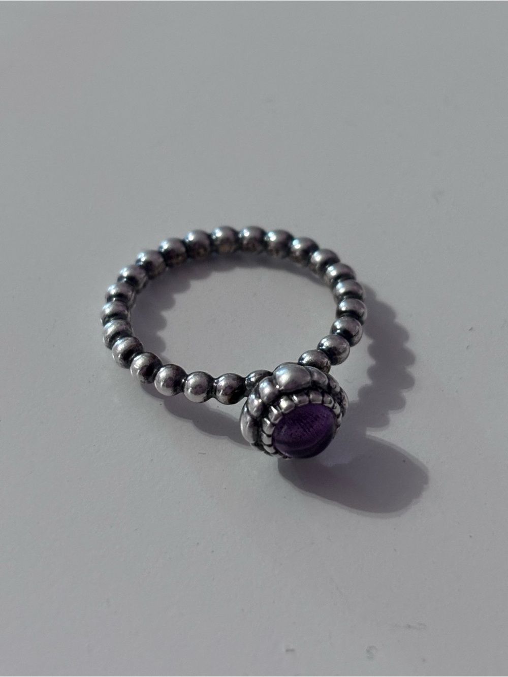 Pandora Silver Beaded Ring with Purple Cabochon